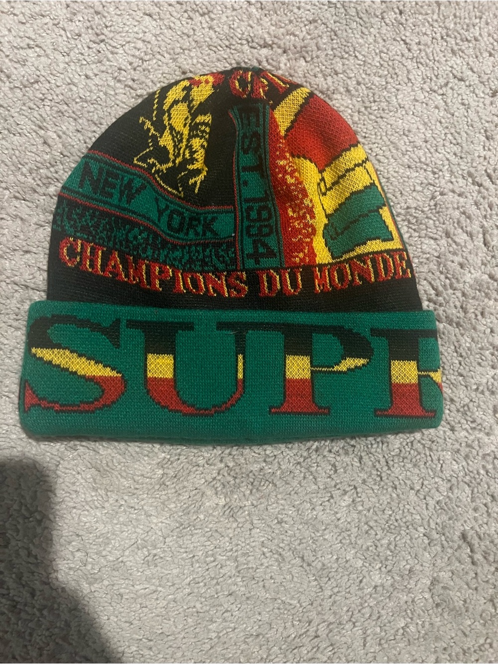 Supreme Rasta Knit Beanie in Green, Red & Yellow